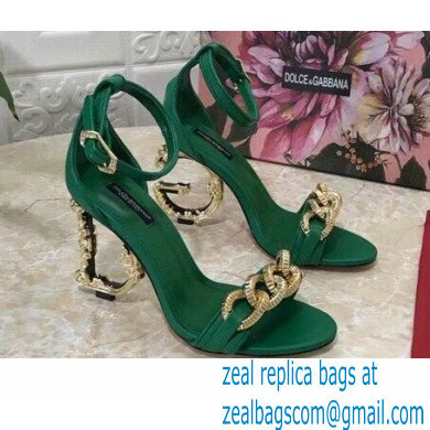 Dolce & Gabbana Heel 10.5cm Leather Chain Sandals Green with Baroque D & G Heel 2021